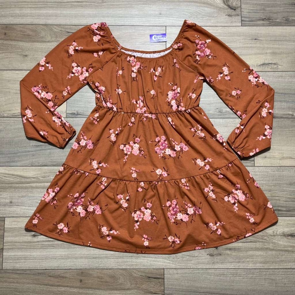 Sugar & Jade Girls’ Tween Floral Tiered Long Ballon Sleeve Dress Size XXL Brown